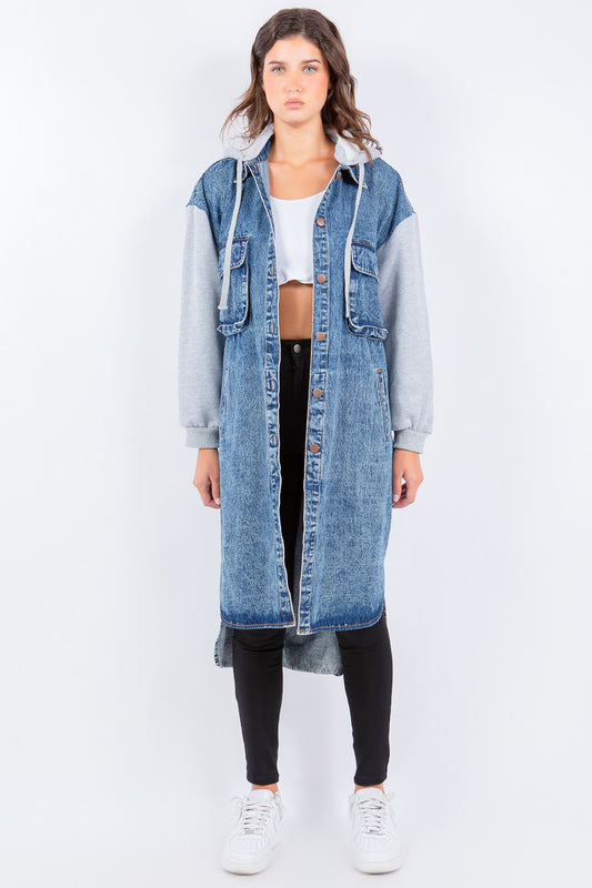 AMERICAN BAZI Contrast Longline Hooded Denim Jacket