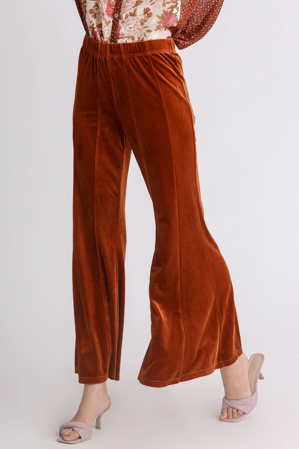 Umgee Women's Terracotta High Rise Elastic Waist Flare Pants