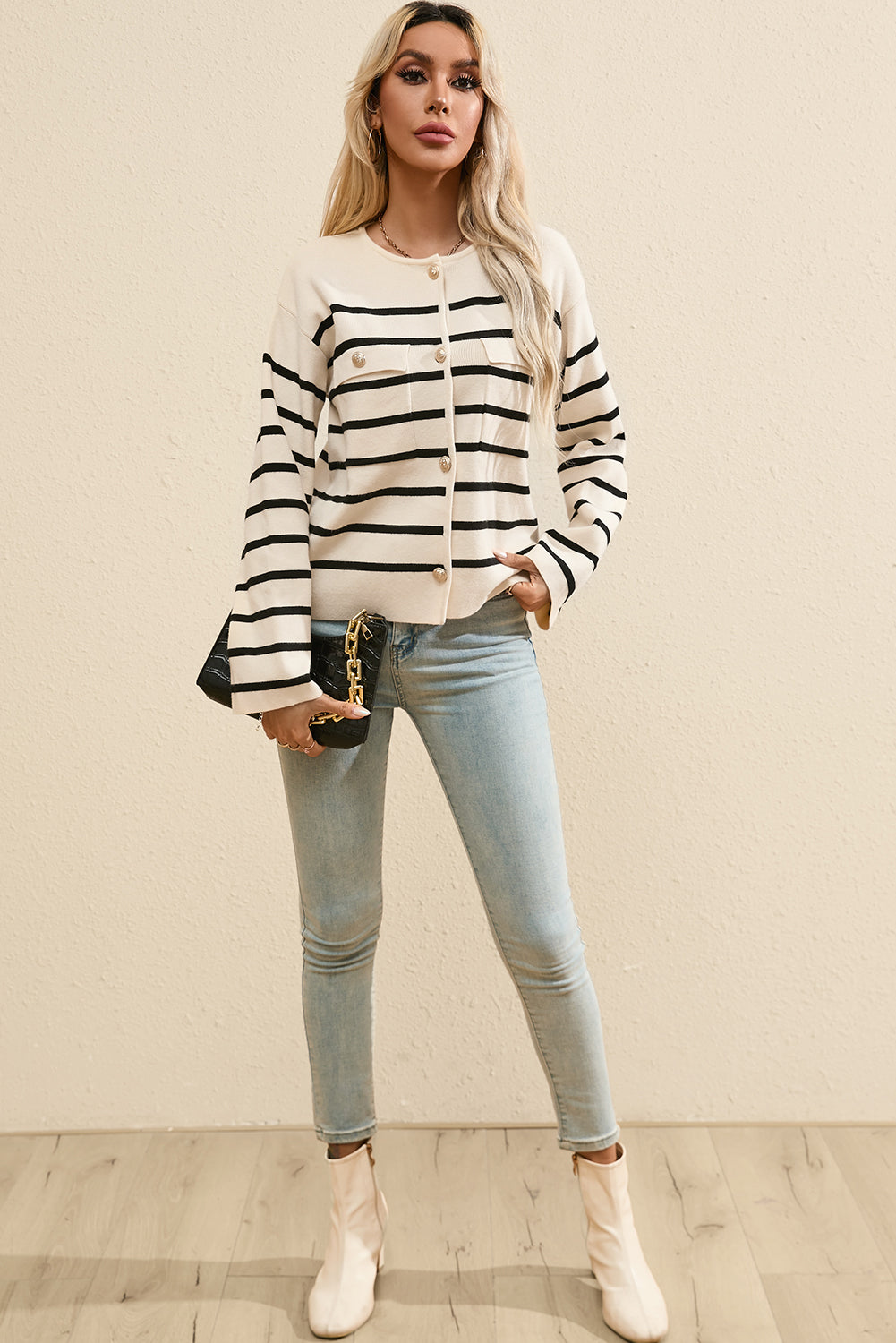 SYNZ Striped Button Up Round Neck Cardigan Sweater