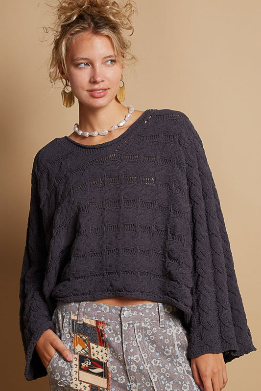 POL Round Neck Cable Knit Cropped Sweater in Color Charcoal