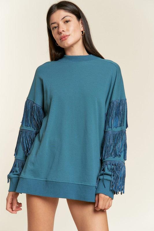 JADE by JANE Plus-size Silver Studded Fringe Sleeves Sweater top - PLUS JJT5009P