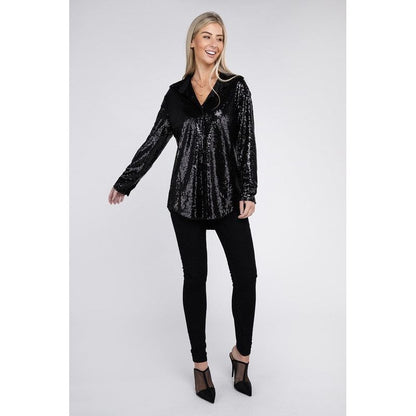 NUVI APPERAL Sequin Collared Button Up Cardigan