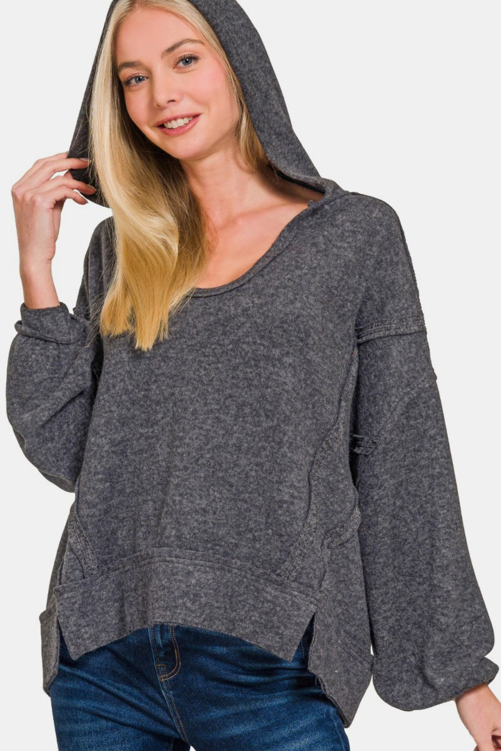 ZENANA Black Brushed Hacci Exposed Seam Hoodie