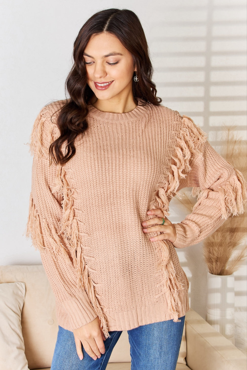 AND THE WHY Dusty Pink Tassel Detail Long Sleeve Sweater