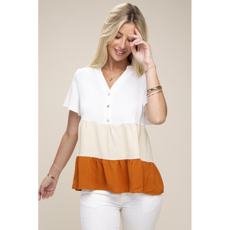 NUVI APPAREL Color Block Notched Neck Blouse