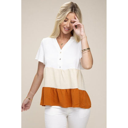 NUVI APPAREL Color Block Notched Neck Blouse