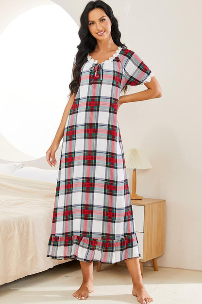 H2J Red Plaid Nightgown with Lace Trim Ruffle Hem