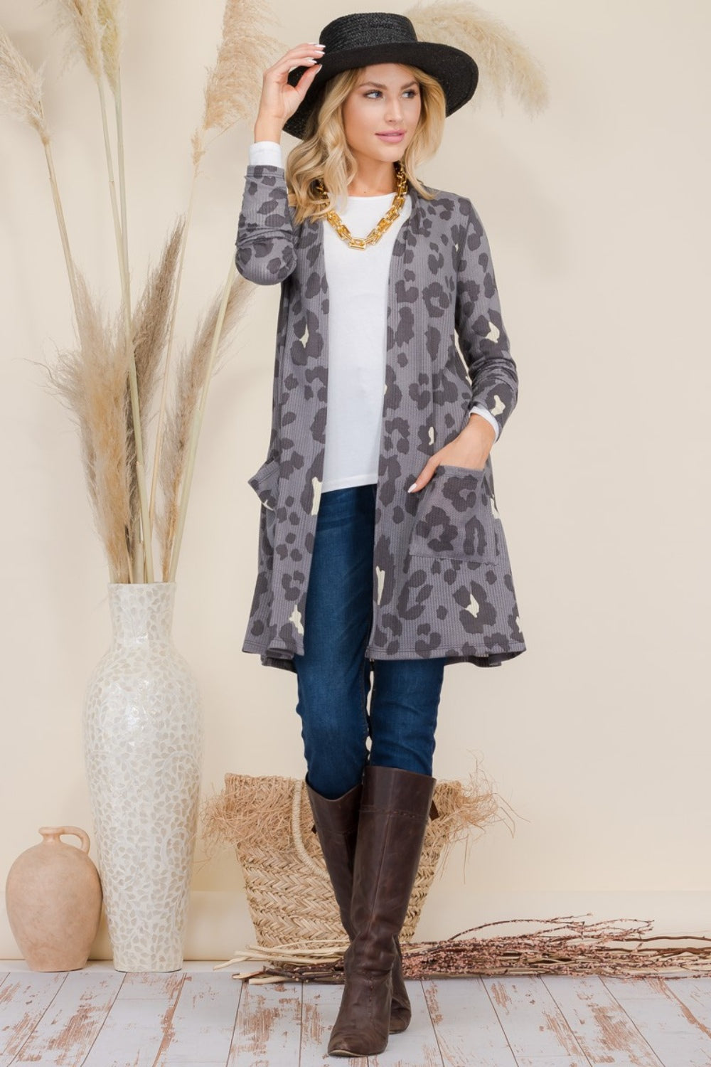 CELESTE Full Size Leopard Open Front Autumn Contrast Cardigan