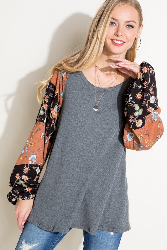 PLUS FLORAL MIXED PUFF LONG SLEEVE TOP