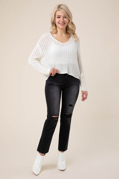 LILOU Ivory Variegated Rib V neck Sweater