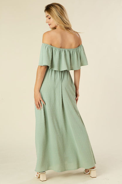 LILOU Sage Swiss dot Off-shoulder Dress