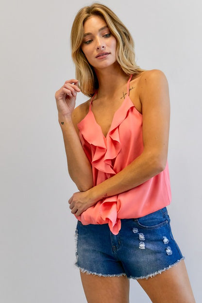 DAVI & DANI Solid V-Neck Sleeveless Ruffle Tank Top