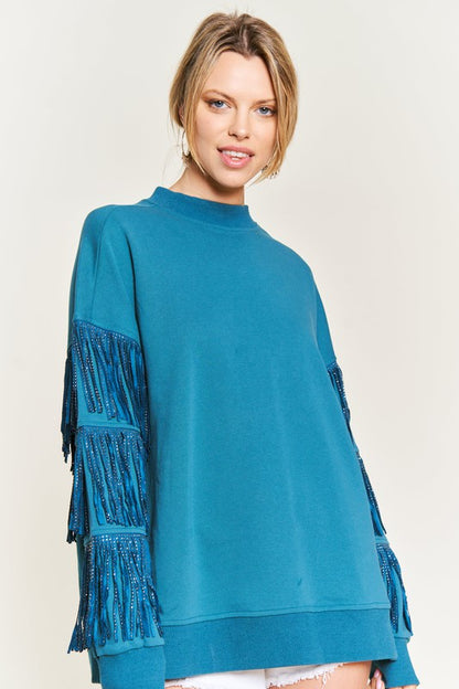 JADE by JANE Silver Studded Fringe Sleeve Sweater Top - JJT5009