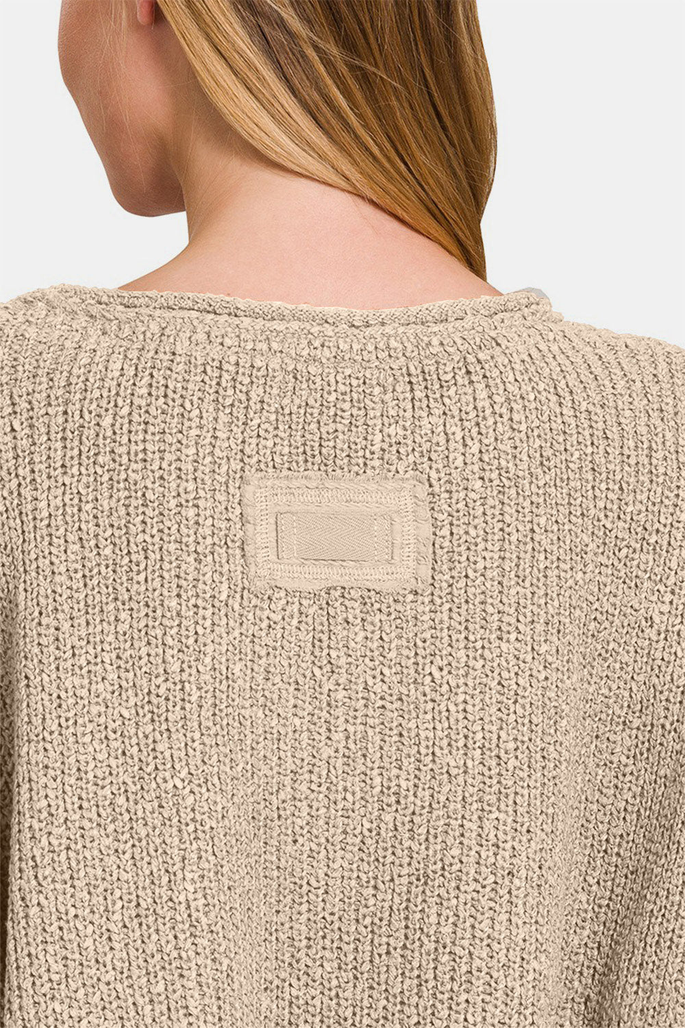 ZENANA Mocha Notched Side Slit Patch Sweater