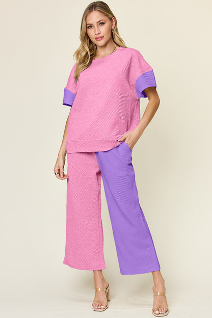 DOUBLE TAKE Full Size Texture Contrast T-Shirt and Wide Leg Pants Set