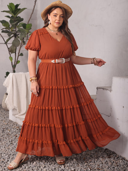 H.R.Z. Rust Boho Plus Size Dress with Ruched Lace Detail V-Neck & Short Sleeves