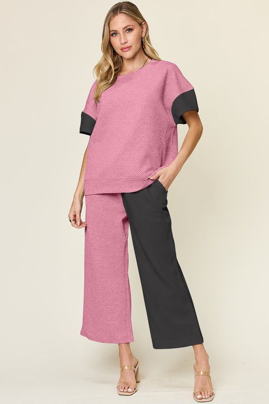 DOUBLE TAKE Full Size Texture Contrast T-Shirt and Wide Leg Pants Set