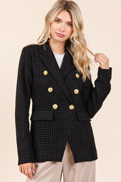 MITTOSHOP Women's Plaid Texture Double-Breasted Long Sleeve Blazer