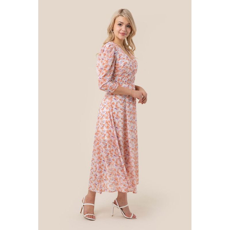 LILOU Floral Chiffon V-neckline Maxi Dress