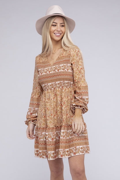 NUVI APPAREL Smocked Beige Long Sleeve Mini Boho Dress