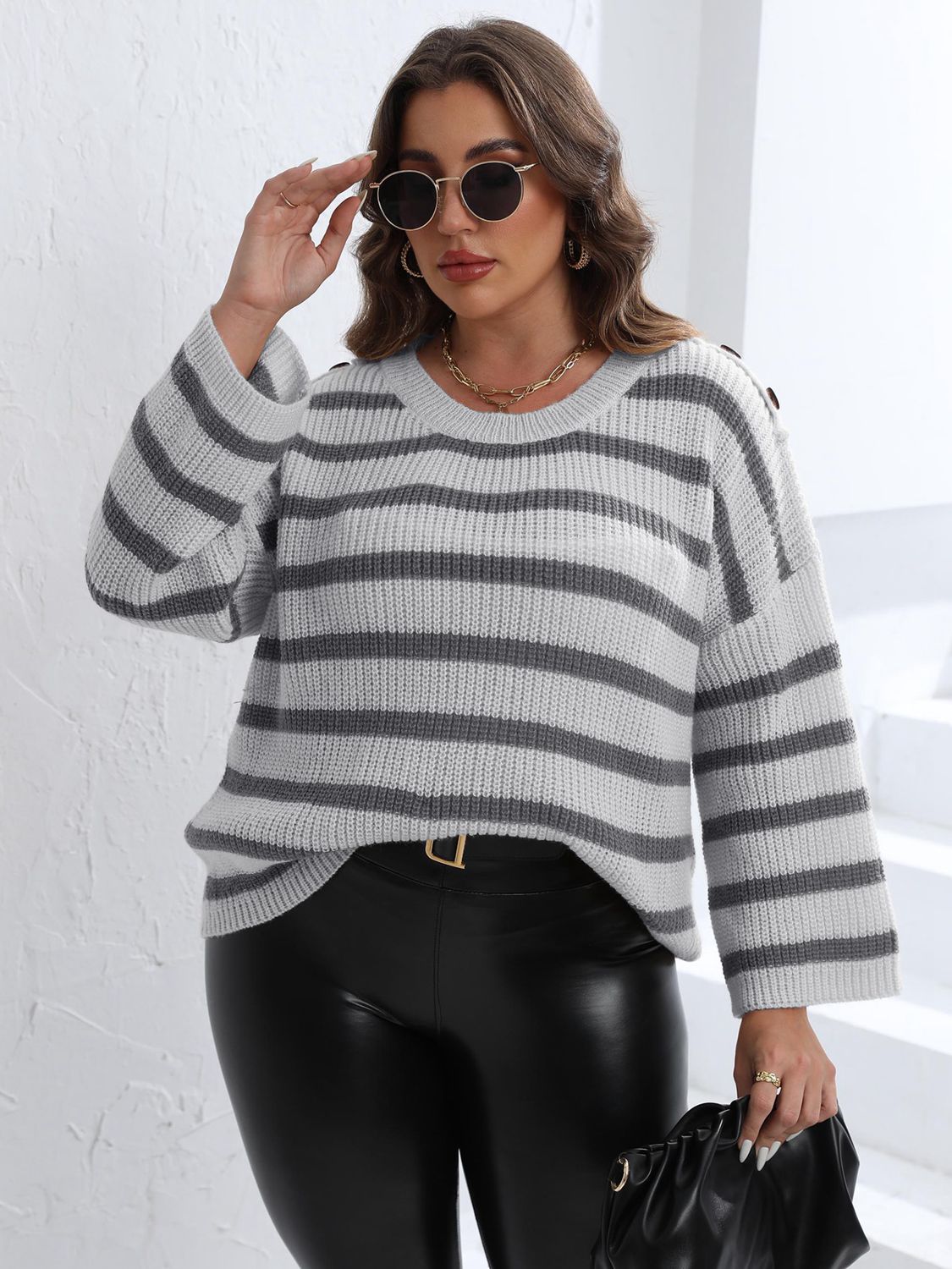 Plus Size Striped Dropped Shoulder Autunm Knitted Sweater