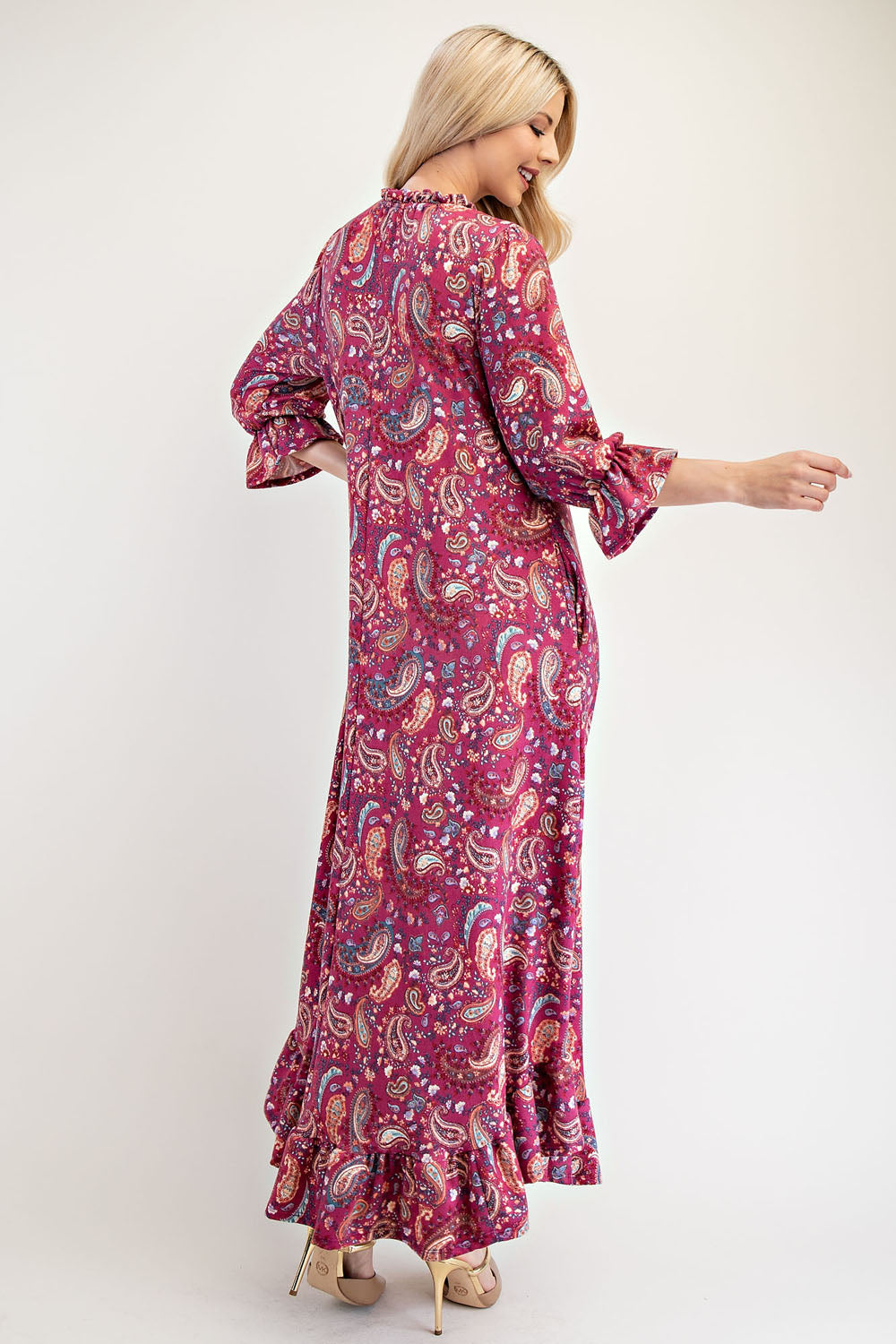 Celeste Cerise Women's Full Size Modest Maxi Paisley Floral Dress with Ruffle Hem & Round Neck