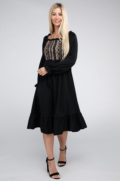 NUVI APPAREL Black Square Neck Smocked Dress