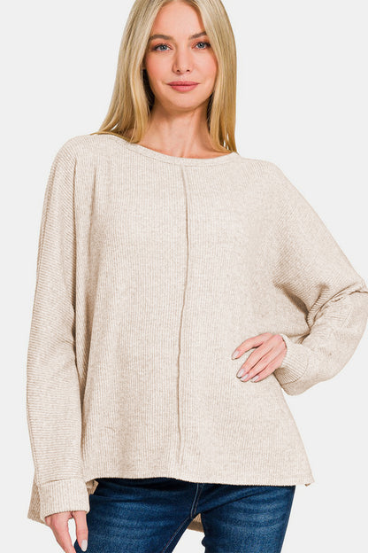 ZENANA High-Low Side Slit Round Neck Sweater in Sand Beige