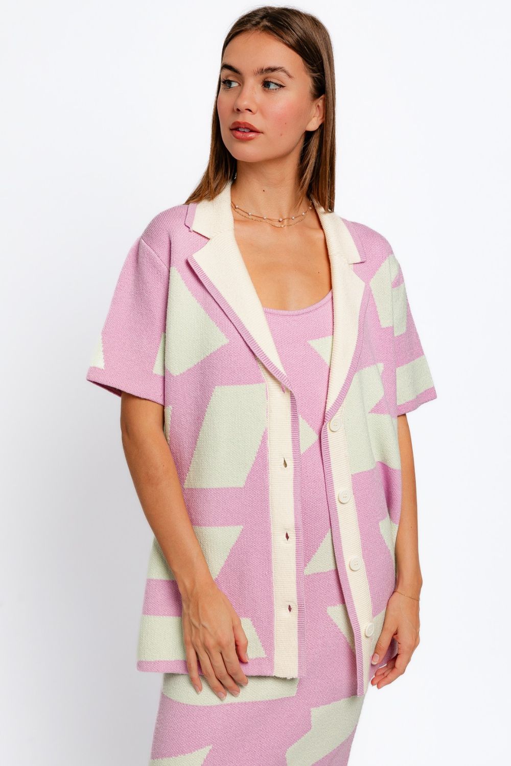 TASHA APPAREL Pink Mint Abstract Contrast Short Sleeve Collared Cardigan