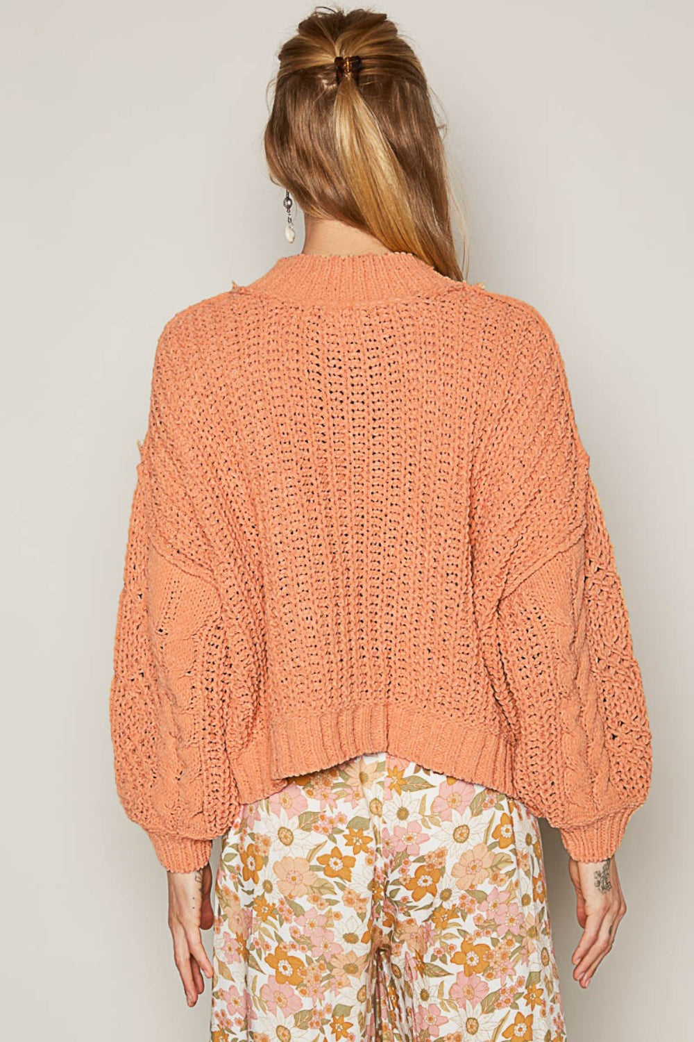 POL Coral Tangerine Mock Neck Cable Knit Sweater