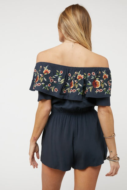 DAVI & DANI Floral Embroidered Off Shoulder Romper