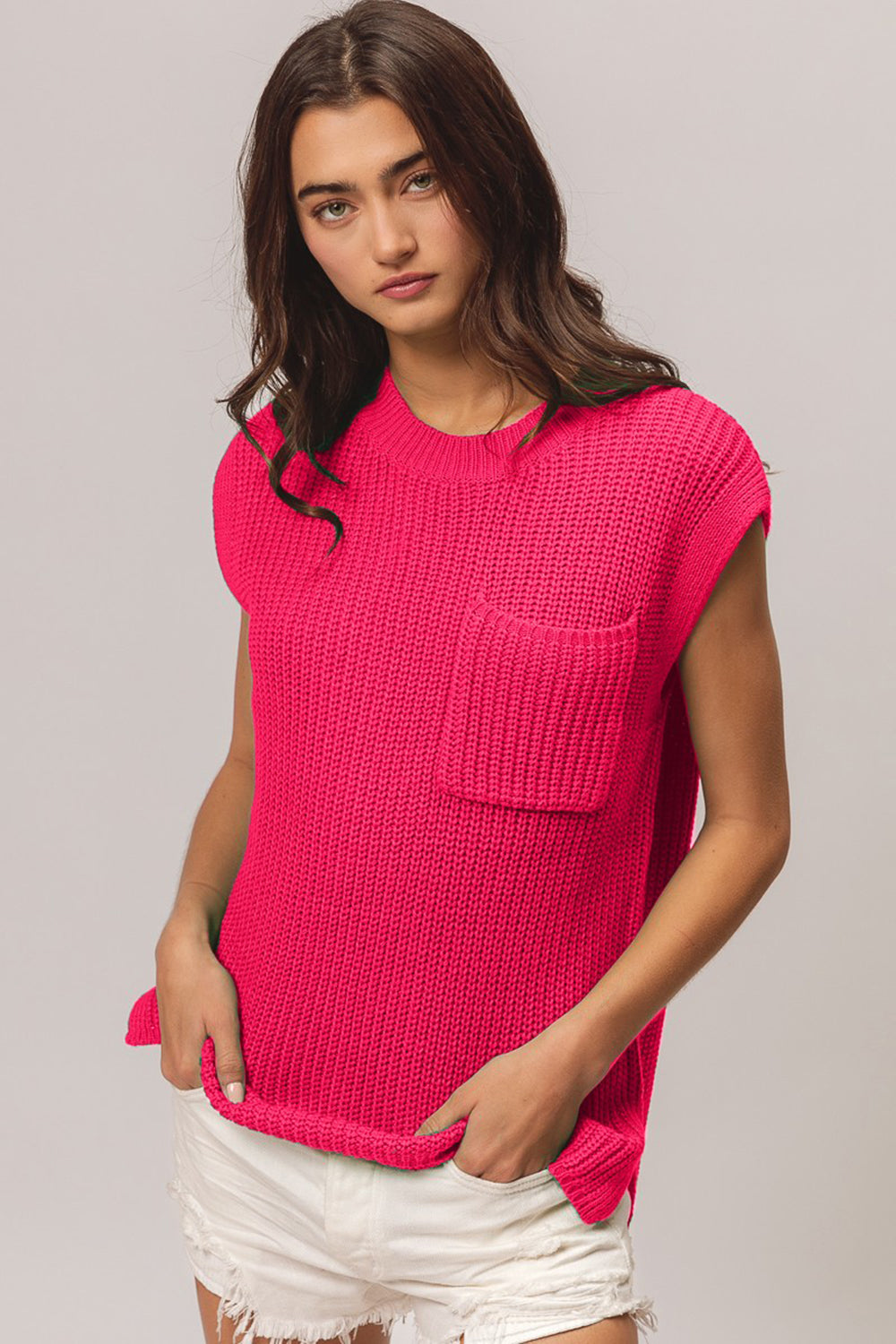 BiBi Fuchsia Patch Pocket Cap Sleeve Sweater Top