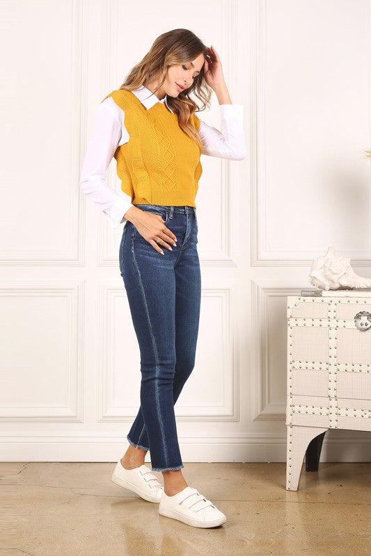 LILOU Mustard Ruffle Knit Sweater Vest