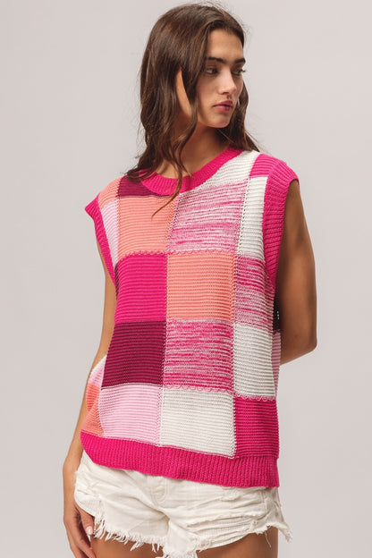 BiBi Fuchsia Color Block Round Neck Sweater Vest