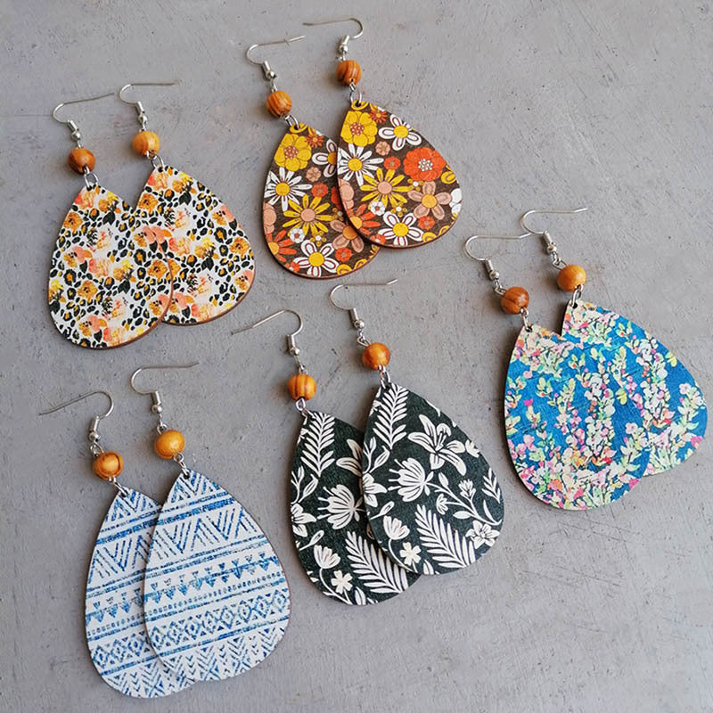 Printed Wooden Teardrop Earrings