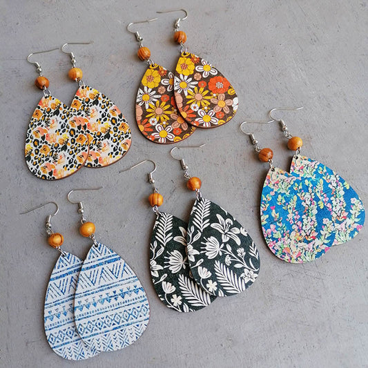 Printed Wooden Teardrop Earrings