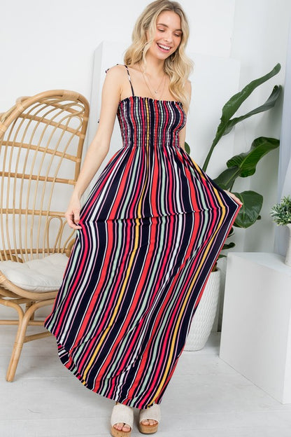 E LUNA Stripe Smocked Maxi Tank Dress