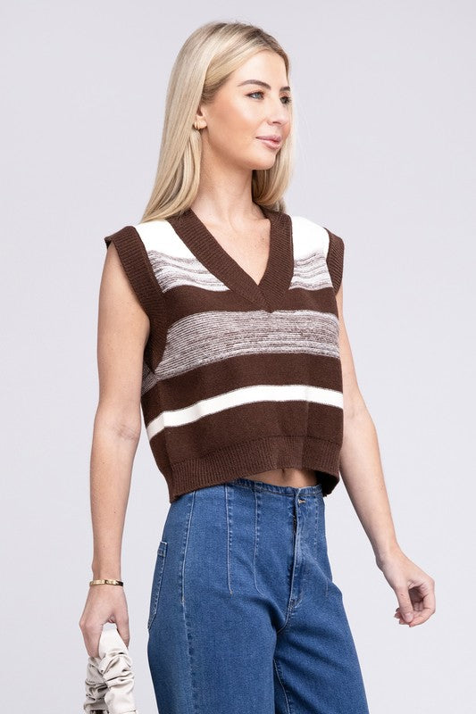 NUVI APPAREL Brown Striped Pattern Sweater Vest