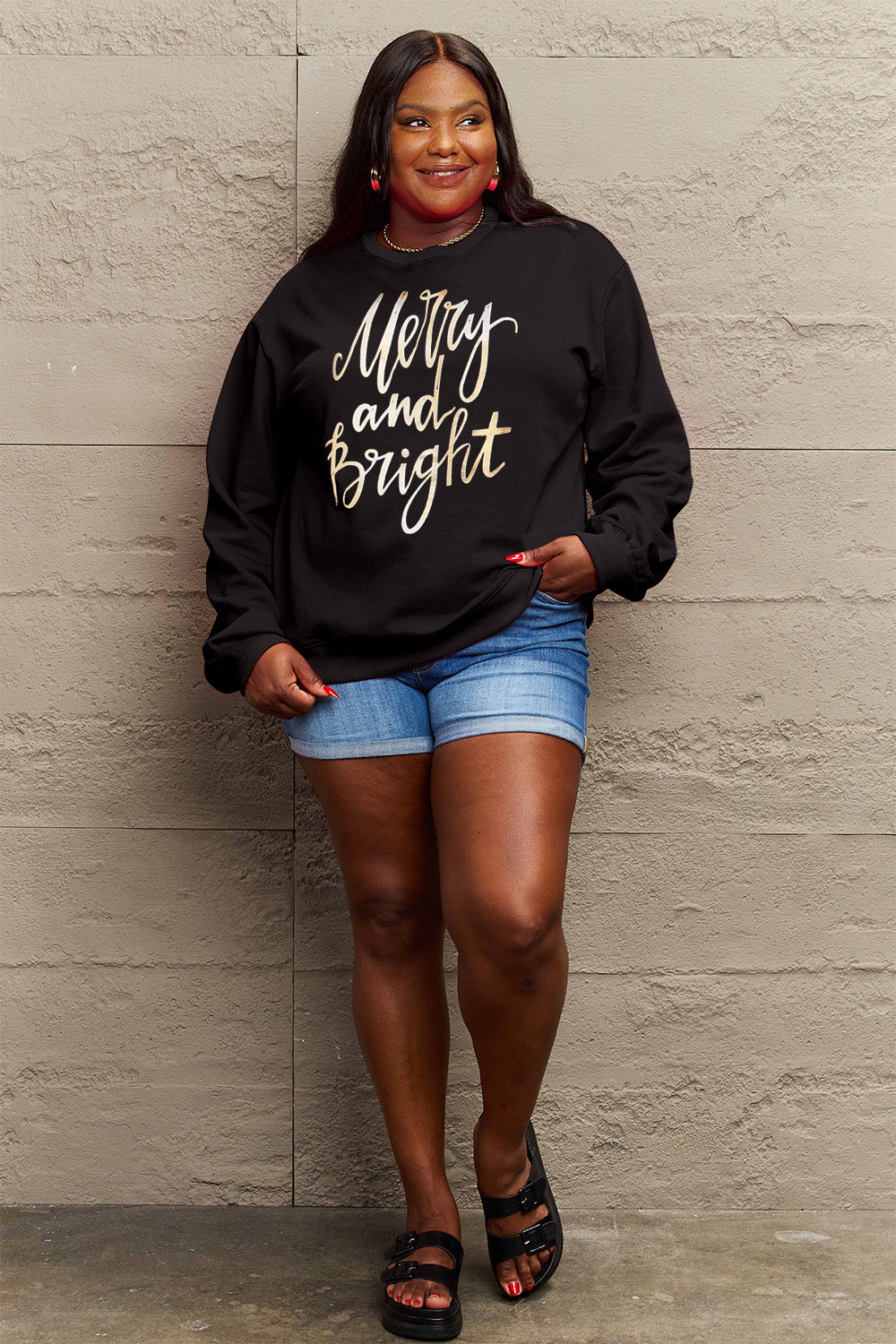 SIMPLY LOVE Full Size "MERRY AND BRIGHT" Graphic Sweatshirt