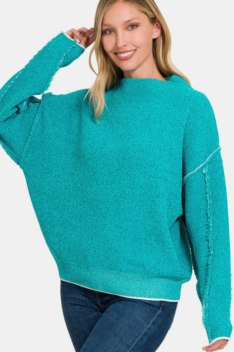 ZENANA Light Teal Exposed Seam Mock Neck Long Sleeve Sweater