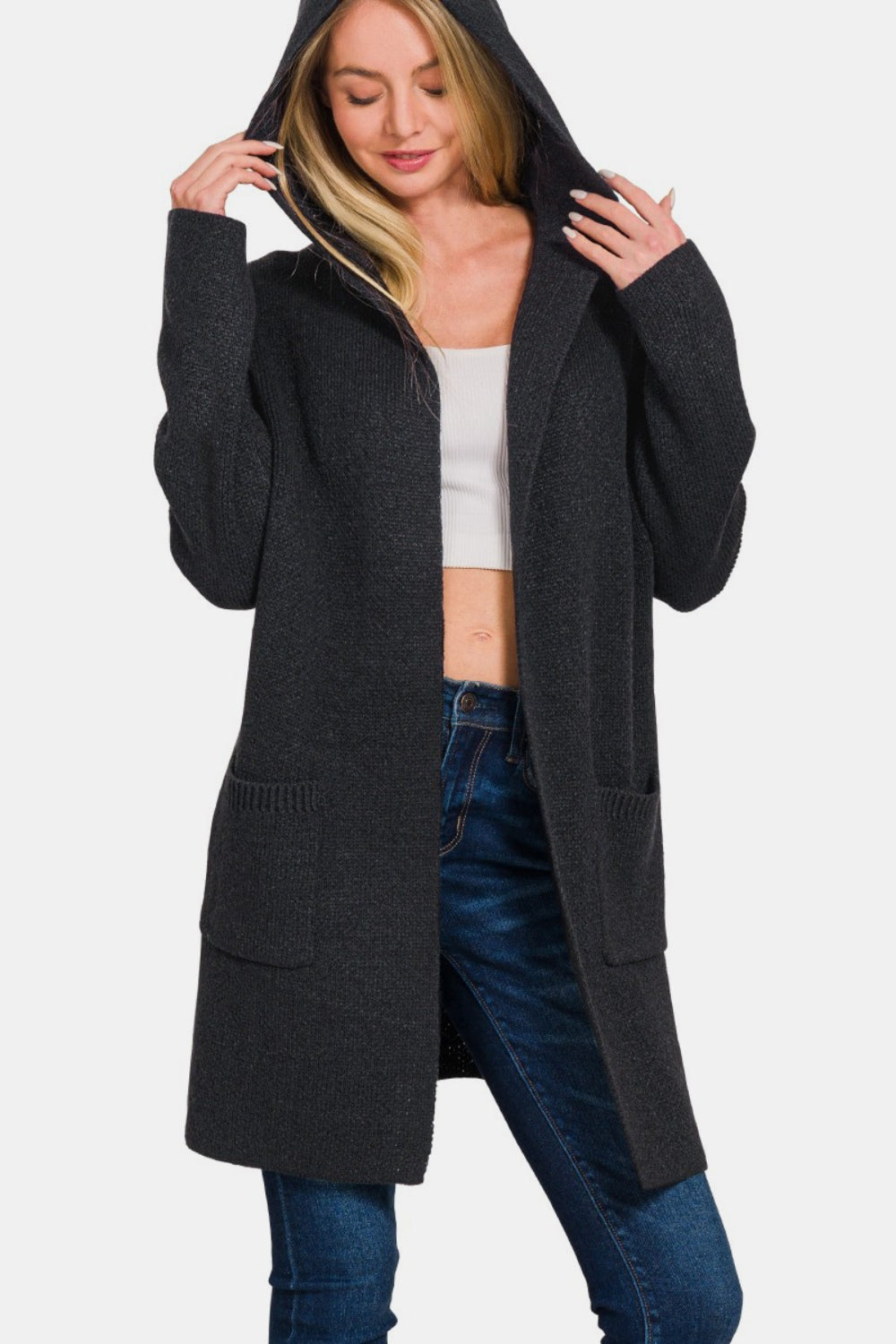 ZENANA Hooded Open Front Sweater Cardigan