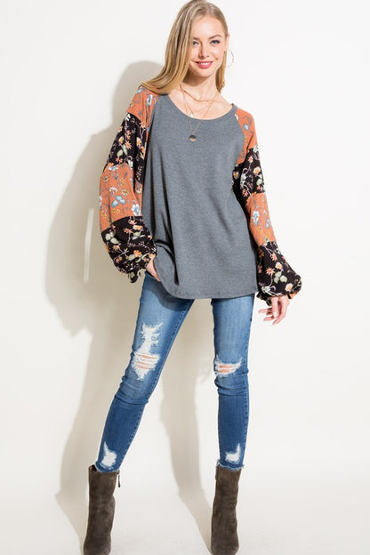 PLUS FLORAL MIXED PUFF LONG SLEEVE TOP