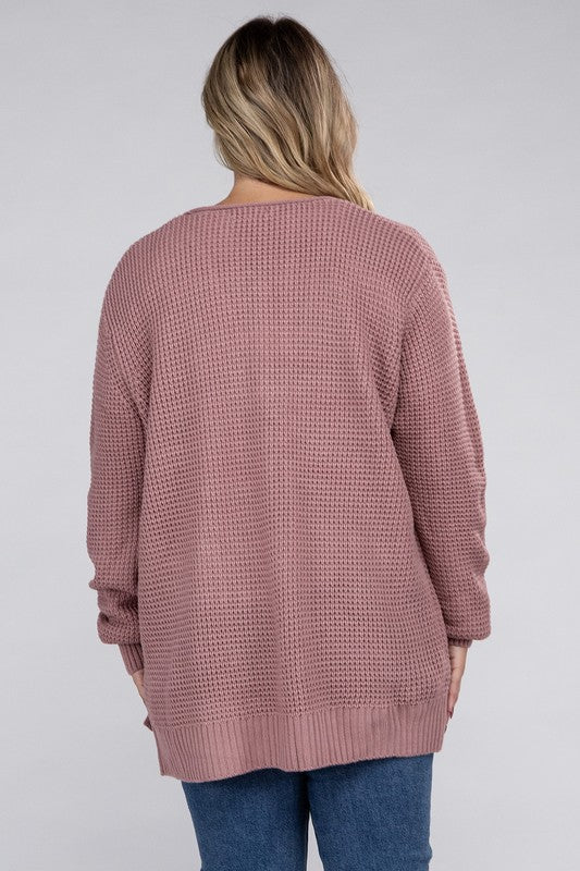 ZENANA Plus Low Gauge Waffle Open Cardigan Sweater