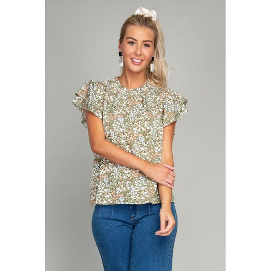 NUVI APPAREL Ditsy Floral Print Butterfly Sleeve Blouse