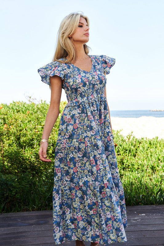 DAVI & DANI Vintage Garden Floral Flutter Smocking Midi Dress