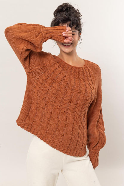 HYFVE Cable-Knit Round Neck Raglan Sleeve Sweater in Color Rust