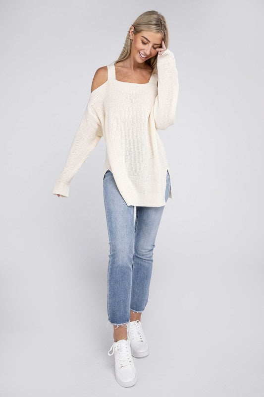 NUVI APPAREL Knitted Cold-Shoulder Sweater