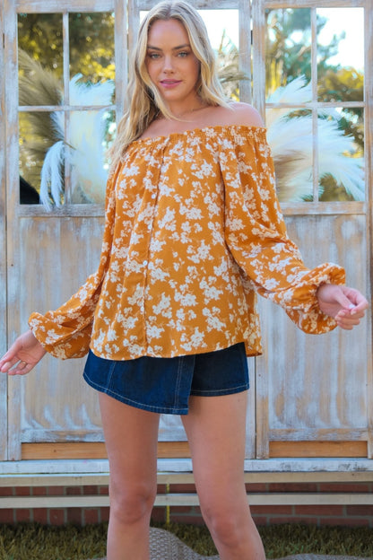 HAILEY & Co. Floral Off-Shoulder Fall transitional Balloon Sleeve Blouse in Color Mustard