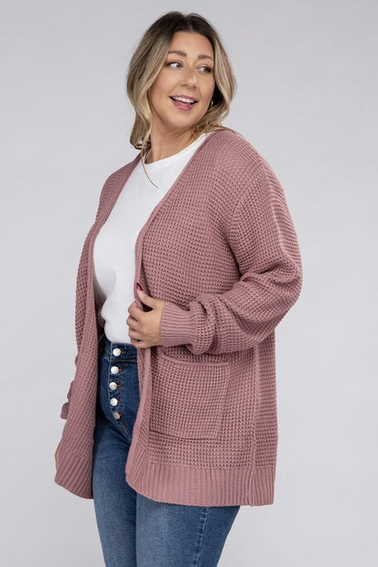 ZENANA Plus Low Gauge Waffle Open Cardigan Sweater