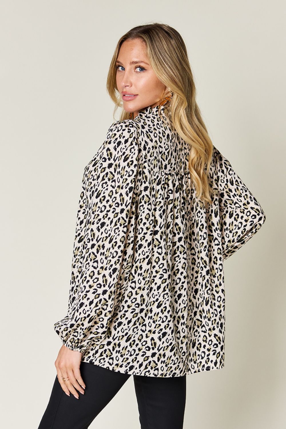 DOUBLE TAKE Full Size Leopard Long Sleeve Blouse